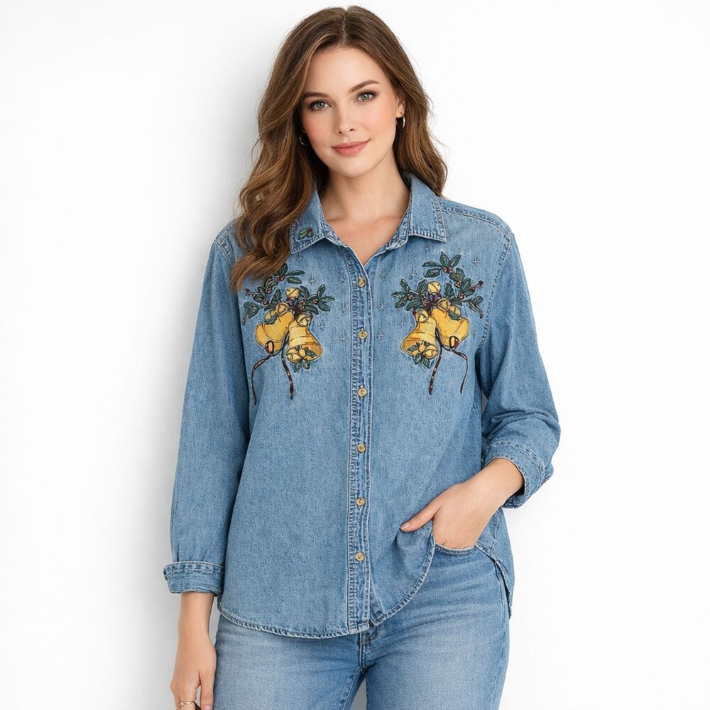 Y2K Christmas Denim Shirt Large Holiday